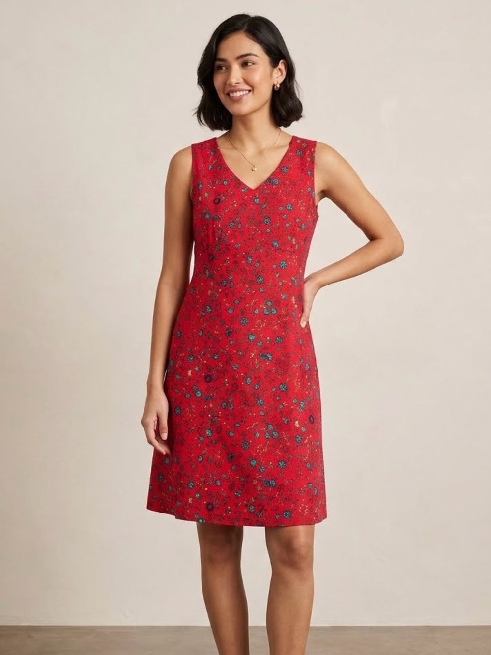 Northern Reflections Vintage Red Floral V-Neck Sleeveless Shift Dress Midi 90s